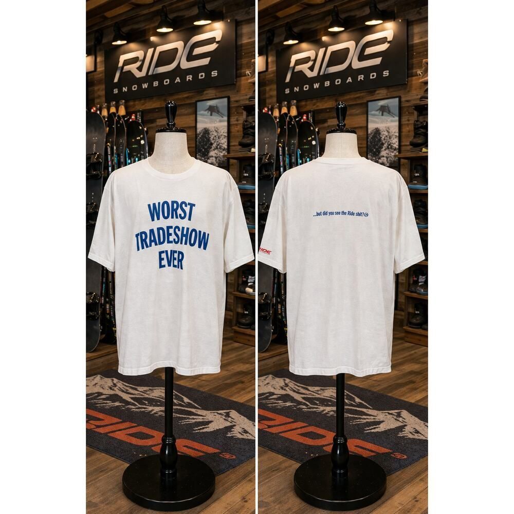 Vintage Ride Snowboards Worst Tradeshow Ever USA Tee Large